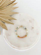 Load image into Gallery viewer, Beaded mala bracelet with amazonite and sunstone gemstones. Handmade on Vancouver Island, BC.