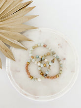 Load image into Gallery viewer, Three beaded mala bracelets with amazonite and sunstone gemstones. Handmade on Vancouver Island, BC.