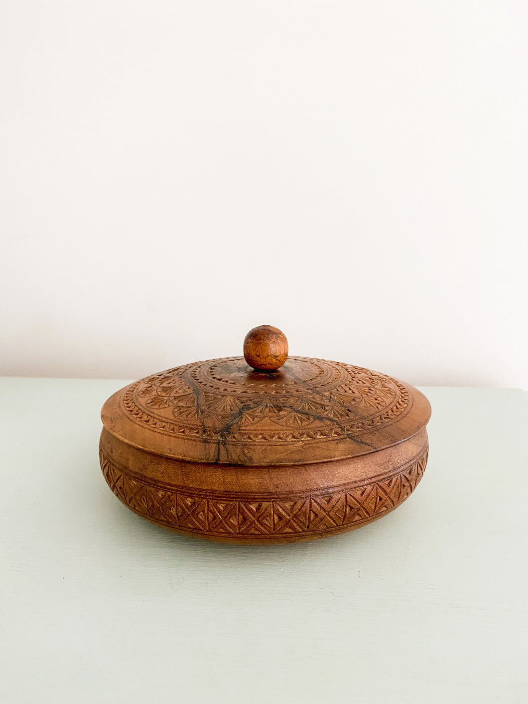 Wood carved dish with lid